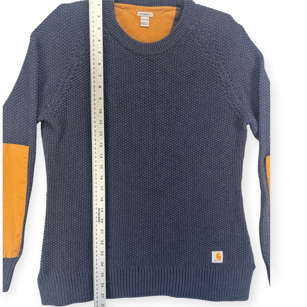 Carhartt Womens L 12 14 Navy Knit Pullover Sweater Elbow Patch Workwear Rugged - Picture 9 of 13
